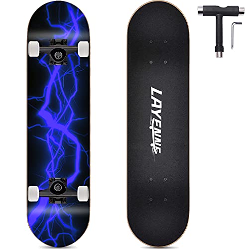 LAYENNE Skateboard, 31 * 8 Zoll Komplettes Skateboard, 7 Schichten Ahorn Skateboard Deck, ABEC-11 Halterung, Geeignet für Erwachsene, Anfänger, Jungen, Mädchen, Jugendliche und Kinder-Blue