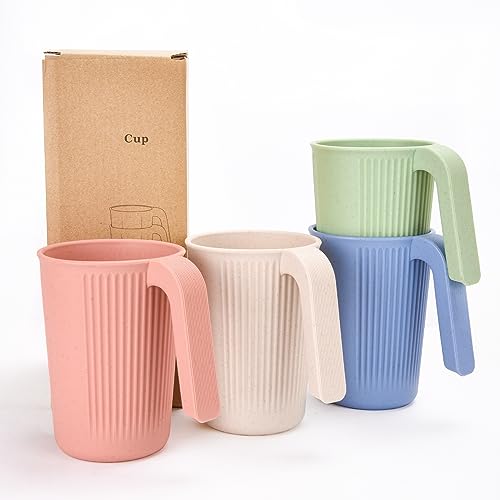 Unbreakable Trinkbecher, 4er Trinkbecher Set 350ml Tasse mit Griff Bruchfeste Wiederverwendbare Trinkbecher für Kinder und Erwachsene Bunte Plastik Becher für Kaffee Tee BPA-Frei