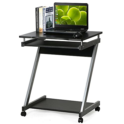 Dripex Computertisch klein mit 4 Rollen in Z-förmige, Schreibtisch, Mobiler Laptoptisch mit Tastaturauszug und Ablage für Home Office 60x48x73cm Schwarz