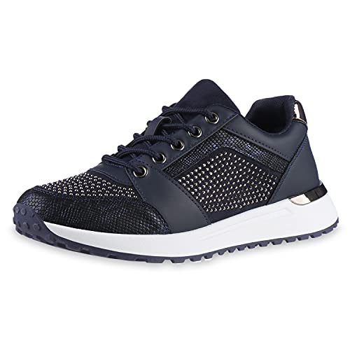 VAN HILL Damen Sportschuhe Laufschuhe Flache Strass Schuhe Metallic Schnürer Prints Schnürschuhe Freizeit Turnschuhe 201685 Dunkelblau Bronze Metallic Snake 38