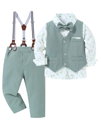 Amissz Kinder Anzug Set Junge, Kinderanzug Hochzeit Festliche Kindermode Jungen Anzüge Langarm Hemd + Hosenträger + Weste + Fliege Taufbekleidung für Baby-Jungen (Grün, 2-3 Jahre)