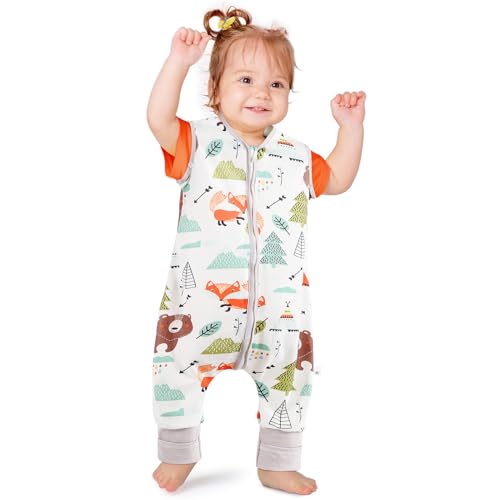 NesriToy Baby Schlafsack mit Füßen Sommer 0.5 Tog Oeko-TEX Schlafsack Kinder 100% Baumwolle (Waldtiere, 80cm/Baby Höhe 90-100cm)