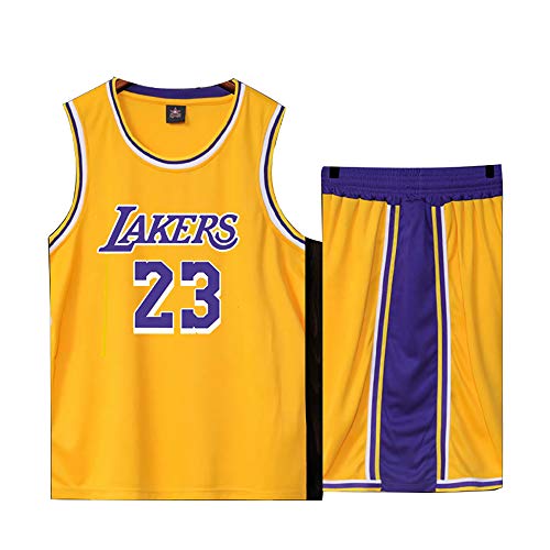 Basketball Trikot für Lebron Raymone James No.23 Lakers Fans Basketball ärmellose Anzug Kinder Erwachsene schwarz lila Sportswear T-Shirt Weste + Shorts jugendlich weiß gelb Sweatshirt-Yellow-M