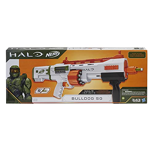 Nerf Halo Bulldog SG Dart Blaster – Pump-Action, rotierende 10-Dart Trommel, Tactical Rail Steckschienen, 10 Nerf Elite Darts, Skin-Code