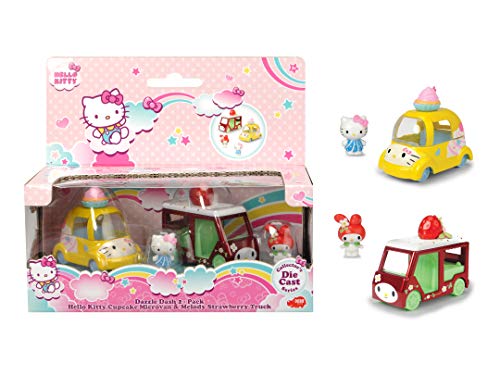 Dickie Toys 253242001 Hello Kitty Cupcake + Melody Strawberry Spielzeugauto, 2er Set, Fahrzeuge Aluguss, Figuren herausnehmbar, Fahrzeuglänge: 6 cm, Figurgröße: 2,5 cm, ab 3 Jahren, Rosa