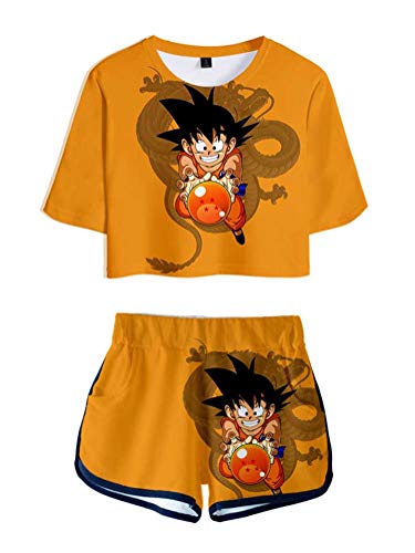 WANHONGYUE Anime Dragon Ball Z Goku 3D Druck T-Shirt und Kurze Hosen Damen Mädchen Crop Top und Shorts Zweiteiler Anzug Set 1032/8 M