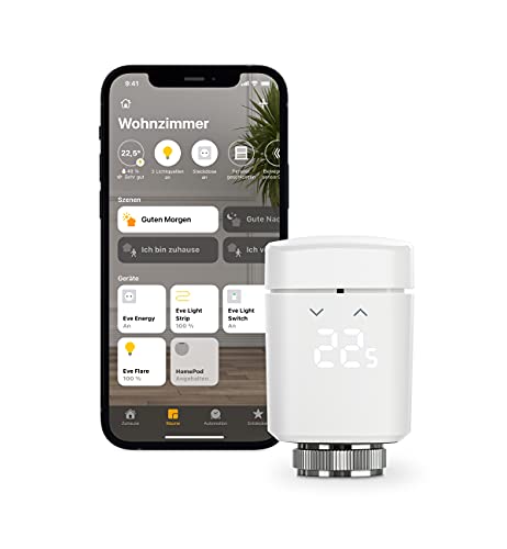 Eve Thermo - Smartes Heizkörperthermostat, Made in Germany, spart Heizkosten, Heizungssteuerung (App/Zeitpläne/Anwesenheit), einfach installiert, Bluetooth, Thread, Apple HomeKit