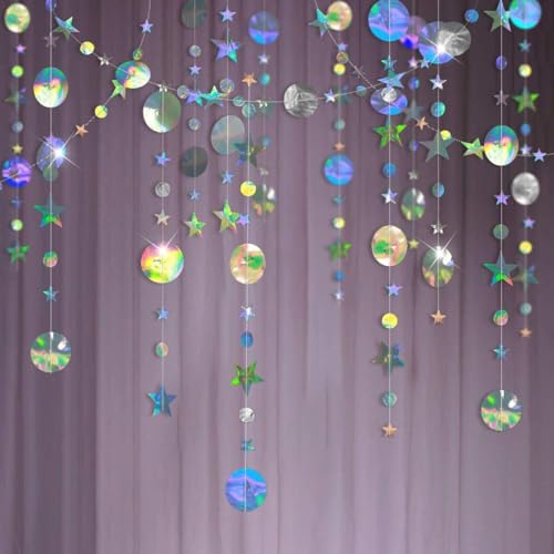 52Ft Hängenden Papier Girlande Holographisch Regenbogen,Rund und Stern Papier Deko for Party(4M x 4)