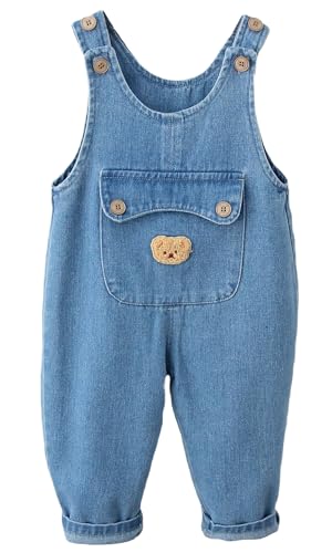 FEOYA Baby Kleinkind Jeans Latzhose Weiche Baumwolle Jeanshose Lose Hosenträger Latzhose Unisex Kinder Niedliche Cartoon Strampler Jumpsuit mit Tasche Overall Jungen Mädchen Latzhose 9-18 Monate