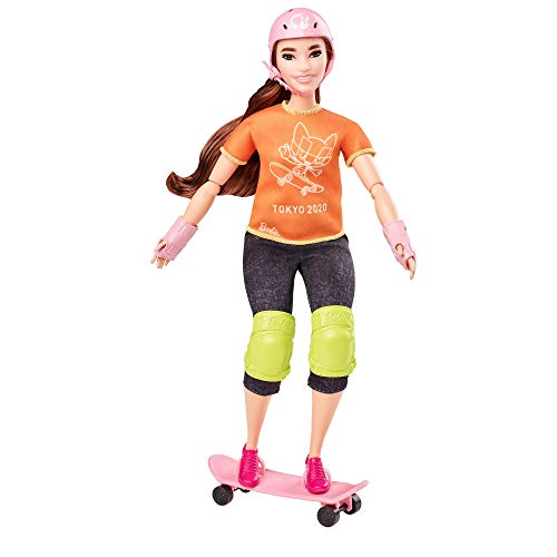 Barbie GJ78 - Olympische Sommerspiele Tokyo 2020 Skateboarderin Puppe mit Outfit, Tokyo 2020-Jacke, Medaille, Skateboard, Handgelenk- und Knieschonern,Spielzeug für Kinder ab 3 Jahren
