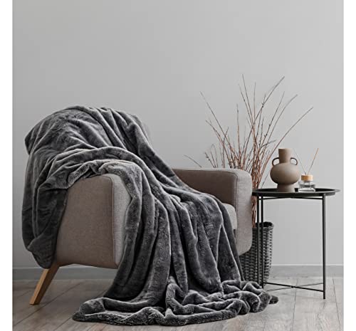 BALOU LIVING Kuscheldecke Felloptik 150x200 cm - edle Kunstfelldecke - Premium Felldecke für Ihr zu Hause, Modell Polarfuchs, anthrazit