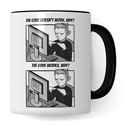 Informatik Geschenk Tasse, The Code doesn´t work - Why? Geschenkidee für Programmierer Kaffee-Becher Informatiker Programmieren Teetasse mit Spruch lustig (Weiß/Schwarz)