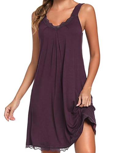 Uniexcosm Nachthemd Damen Ärmelloses Kurz Baumwolle Nachtkleid Spitze V-Ausschnitt Nachtwäsche Sexy rutschfeste Schultergurte Freizeitkleid Sleepwear Dunkelfuchsia 3XL