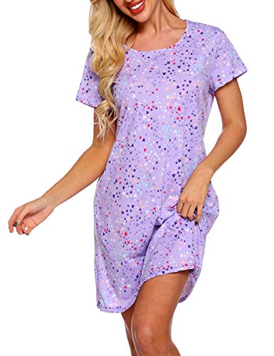 ENJOYNIGHT Nachthemd Damen Sommer Baumwolle Schlafshirt Printed Kurzarm Sleepshirt T-Shirt Schlafhemd Frauen Nachtwäsche Nachtkleid(3X-Large,Lila)