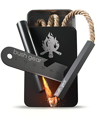 BUSHGEAR Ticks - Feuerstahl-Set & Zunder in Aluminiumdose inkl. 2X Ersatz-Zunder - Feuerstarter Set für Outdoor Survival Camping - Feuerstein für jedes Wetter - 60 Minuten Brenndauer
