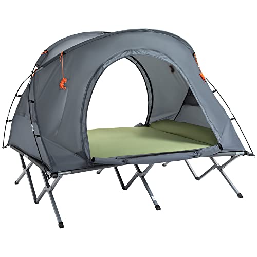 Outsunny Campingbett mit Zelt erhöhtes Feldbett für 2 Person Kuppelzelt mit Luftmatratze inkl. Tragetasche Grau 200 x 146 x 159 cm