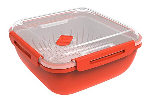 Rotho Memory Microwave Dampfgarer mit Siebeinsatz für Mikrowelle , Kunststoff (PP) BPA-frei, rot/transparent, 1,7L (19,5 x 19,5 x 9,1 cm)