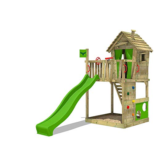 FATMOOSE Stelzenhaus HappyHome Hot XXL apfelgrün Spielturm Kletterturm Spielhaus auf Podest mit Holzdach, Kletterwand, Sandkasten, Torwand und Rutsche