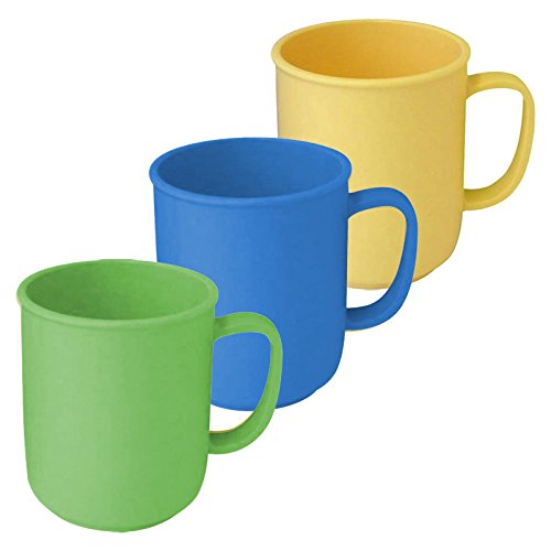 3 Tassen mit Henkel à 300 ml wiederverwendbar aus Kunststoff in den Farben Gelb, Blau und Grün, Kaffeetasse Teetasse Becher Henkelbecher Henkeltasse