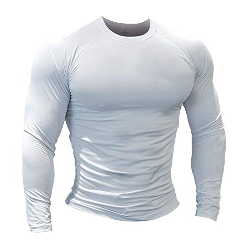 Muscle Alive Herren Fitness Langarmshirts Fest Kompression Grundschicht Bodybuilding Tops Polyester und Spandex 9309 Weiß M