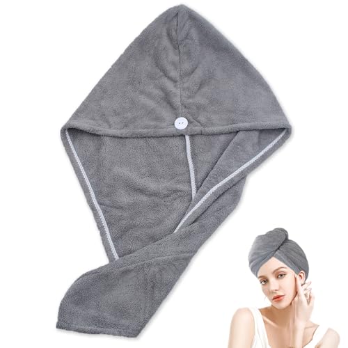 JJHXM 1 Stück mikrofaser Handtuch Haare,haarturban,urban Handtuch mit knopf,haarhandtuch,Xtra Saugfähig,Schnelltrocknendes Turban Handtuch,für Zuhause, Reisen,Fitnessstudio(grau)