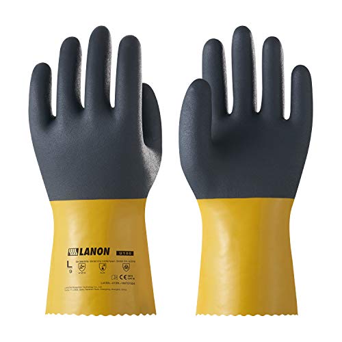 LANON PVC Schutzhandschuhe Chemikalien, Arbeitshandschuhe Säurefest, Säure Handschuhe, Säurebeständige Handschuhe, EN 388/374, XL/10