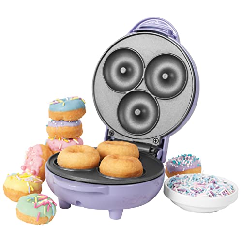 Petra PT4698PPVDEEU7 Elektrisch Mini Donut-Maschine, 550W, leicht zu reinigende Antihaftplatten, Kompakter Donut-Maker für 3 Mini-Donuts, veganen, Frühstücks und Eiscreme-Donuts, pastellviolett