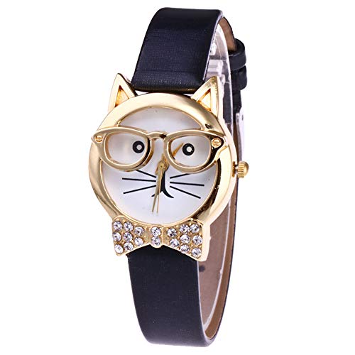 SANWOOD Mode Schöne Katze Brille Kunstleder Band Analog Quarz Armbanduhr, Luxus Strass Bowknot Gold Rand Armbanduhr Für Frauen Mädchen Schwarz