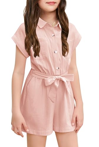 Haloumoning Niedlicher Jumpsuit für Mädchen Sommer Kinderoverall Button Down mit Gürtel Kinder kurzer Romper mit Taschen Rosa, 8-10 Jahre