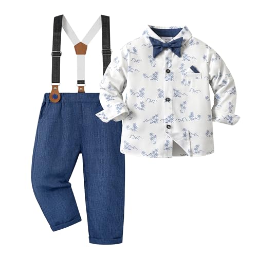 Volunboy Baby Jungen Anzug Set Bekleidung, Kleinkind Langarm Hemd mit Fliege + Hosenträger Hosen 4 Stück Anzug (3-4 Jahre,Blauer Druck,Größe 110)