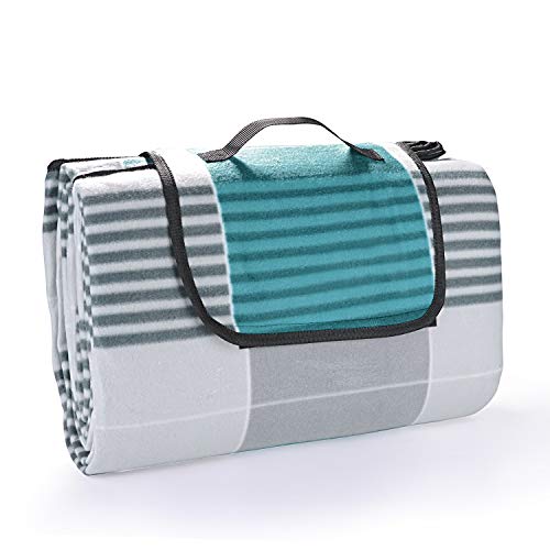 EKKONG 200 x 200 cm Picknickdecke XXL Stranddecke aus Fleece Wasserdicht groß Faltbar Leicht mit Tragegriff Matte Decke für Camping Picknick Reise (Blue&Grey)