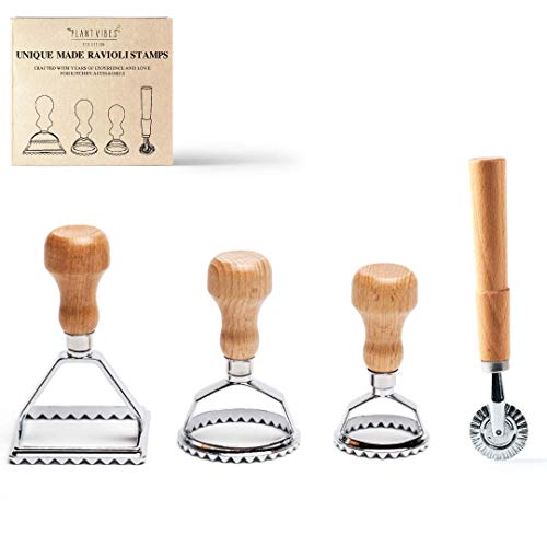 Plantvibes Ravioli-Ausstecher im 4er-Set, 3 wunderschöne Ravioli-Former mit Holzgriff, Ravioli-Stempel und Raviolischneider