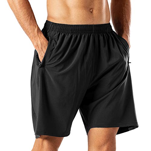 Herren Sport Shorts Schnell Trocknend Kurze Hose mit Reißverschlusstasch (Schwarz,3XL)