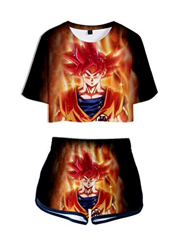 WANHONGYUE Anime Dragon Ball Z Goku 3D Druck T-Shirt und Kurze Hosen Damen Mädchen Crop Top und Shorts Zweiteiler Anzug Set 1032/12 XXL