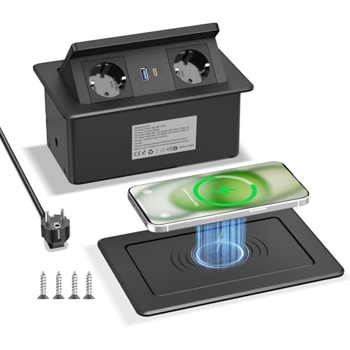 Versenkbare Steckdose mit USB C PD 20W und 15W Kabelloses Ladegerät, Tischsteckdose Versenkbar 2fach, Einbausteckdose Tischplatte Versenkbar für Arbeitsplatte Sofatisch Heim Büro, 1.8M Kable, Schwarz