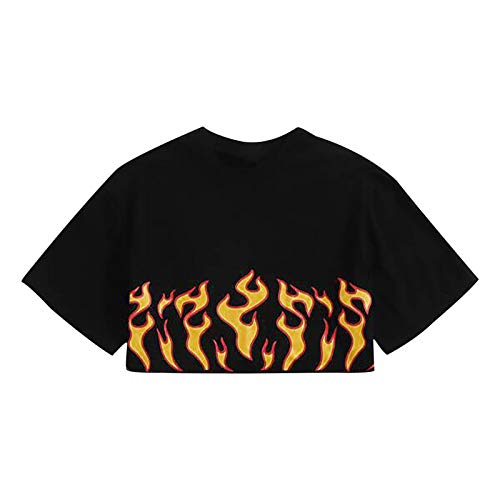 Damen T-Shirt Sexy Bauchfrei Kurzarm Oberteile Crew Neck 3D Flammenmuster Crop Top Shirt Junges Mädchen Kurzes T-Shirt Top Mode Teenager Mädchen Streetwear
