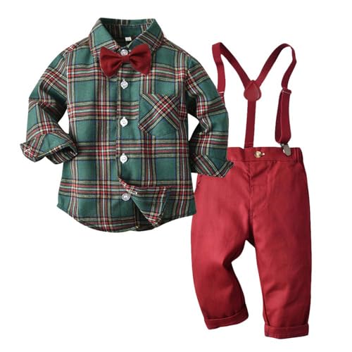 Xumplo Kleinkind Baby Anzug Junge Kinder Gentleman Anzug Xmas Outfit Smoking Plaid Hemden Langarm Hosenträger Hosen Set mit Fliege 3-4 Jahre/110