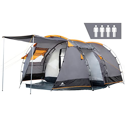 CampFeuer Zelt Super+ für 4 Personen | Grau/Schwarz (Orange) | Großes Tunnelzelt mit 2 Eingängen und Vordach, 3000 mm Wassersäule | Gruppenzelt, Campingzelt, Familienzelt