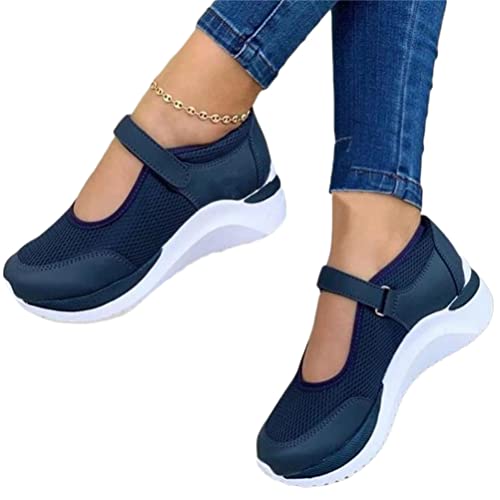 Onsoyours Damen Schuhe Mesh Plateau Freizeitschuhe Walkingschuhe Sommer Turnschuhe Runde Zehen Schuhe Sneaker Outdoor Beiläufige Atmungsaktive Sandalen A Navy Blau 38 EU