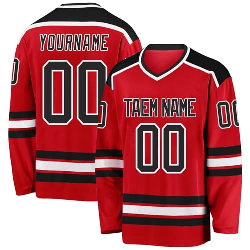 Eishockey-Trikot, personalisierbar, bedruckt, langärmelig, Hockey-Trikot, Bekleidung für Hockey-Fans, Herren, Damen, Jugendliche, 1-Rot, L