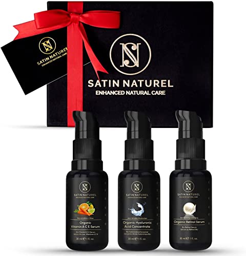 BIO Geschenkset Frauen Vegan 3x30ml - Geschenke für Frauen - Bio Retinol Serum, Vitamin C Serum mit AE, Hyaluron Serum - Geburtstagsgeschenk für Frauen, Partner Geschenke, Beauty Set, Satin Naturel
