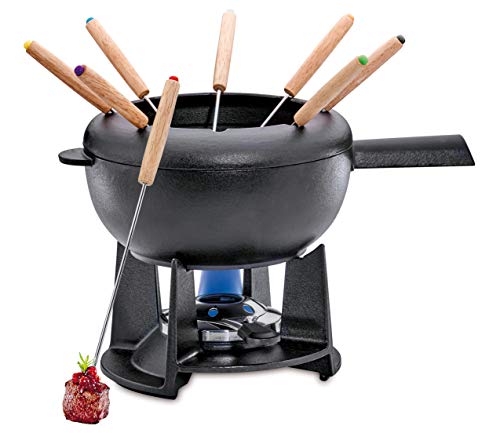 Spring Gusseisen Fondue Set schwarz | Ø 20 cm | mit 8 Fonduegabeln und Spritzschutz | für Käsefondue, Fleischfondue | Rechaud Brenner