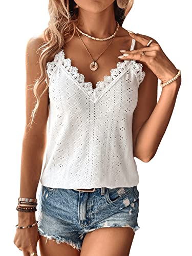 GORGLITTER Spitzentop Damen Sexy Top Mit Spitze Sommer Tops Spitzen Oberteile Lace Cami Tops Going Out Top Weiß L