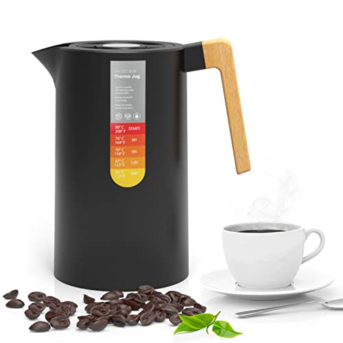 SANOTO Thermoskanne 1l | 304 Thermoskanne Edelstahl, Holzgriff Isolierkanne Kaffeekanne, Doppelwandig Isolierkanne Edelstahl, 12h Heiß/24h Kalt, Ideal als Kaffeekanne oder Teekanne Thermo | Schwarz