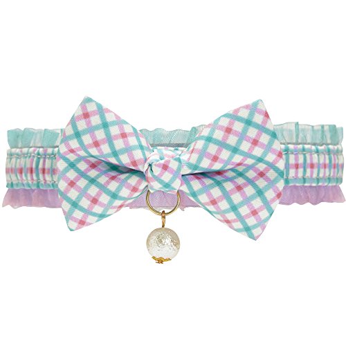 Blueberry Pet Einzelpackung Grün Karo Breakaway Handgemachte Fliege Katzenhalsband mit Weißer Kunstperle, Hals 21,5cm-30cm
