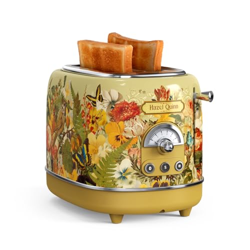 Hazel Quinn X Eduardo Recife Kooperations 2-Scheiben Retro-Toaster, 6 Bräunungsstufen, 3 Funktionen, Herausnehmbare Krümelschublade, 1,5 Zoll Extra-Breite Schlitze, Einfach zu Reinigen, Blumendruck