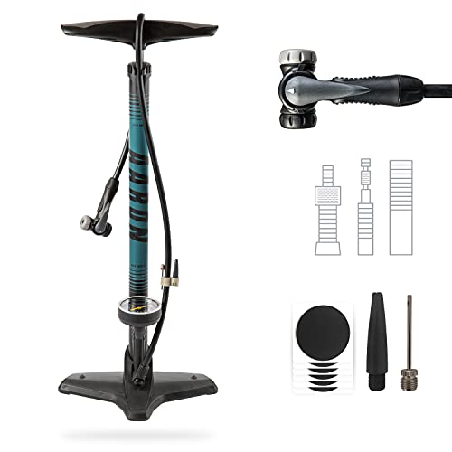 AARON Sport One Fahrrad Standpumpe mit Manometer für alle Ventile | Hochdruck Fahrradpumpe inkl. Ball Aufsatz | Luftpumpe für E-Bike, Mountainbike, Rennrad UVM. Blau