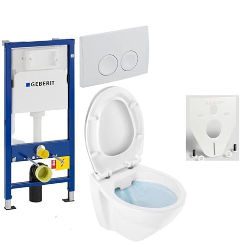 GEBERIT Duofix Vorwandelement Basic + Wand Tiefspül WC LIFE SPÜLRANDLOS + WC-Sitz + Betätigungsplatte DELTA21