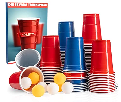 Sevara © Bierpong Becher - Party Set aus [20x] hochwertigen Trinkbechern in Zwei Farben - [4X] Pingpongbälle geschenkt - Inklusive E-Book mit Trinkspielen - Mit verstärktem Boden und Wänden