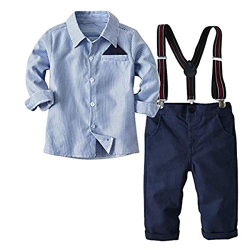 FAIRYRAIN 2-Teiliges Kleinkind Jungen Babyanzug Gentleman Kinder Langarm Hemd + Hose mit Träger Anzug Kleidung Set, Blau, EU:98